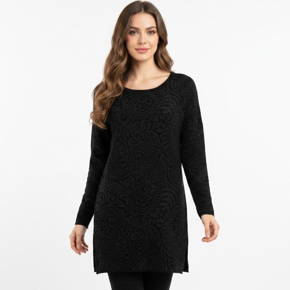 Peruvian Connection Pima Cotton Black Paisley Tunic Sweater Long Small Luxury